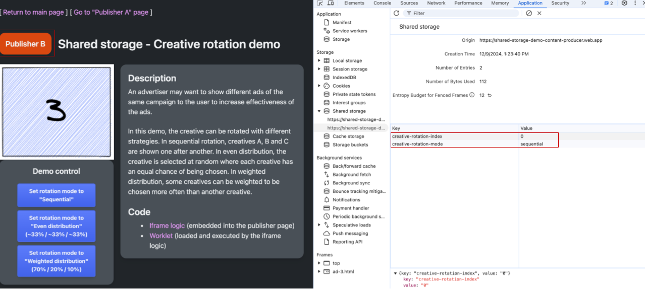 A screenshot showing the "Publisher B" webpage as well as the DevTools showing the Shared Storage section for the origin https://shared-storage-demo-content-producer.web.app. The creative on the page is shown as 3. While the highlighted creative-rotation index is 3 and creative-rotation-mode is sequential.